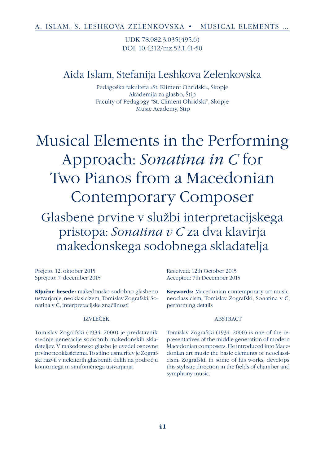 Musical Elements in the Performing Approach: Sonatina in C for Two