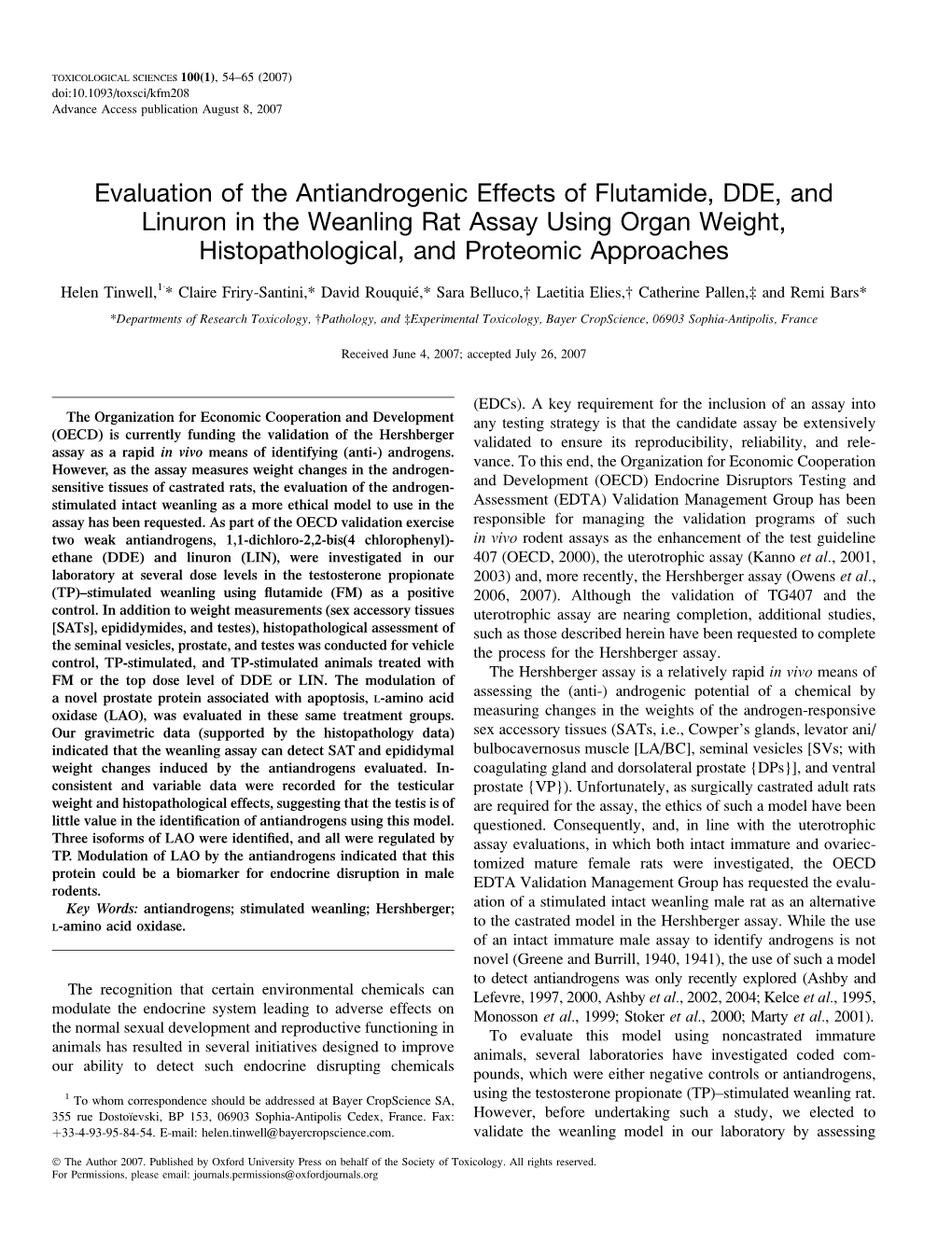 Evaluation of the Antiandrogenic Effects of Flutamide, DDE, and Linuron in the Weanling Rat Assay Using Organ Weight, Histopathological, and Proteomic Approaches