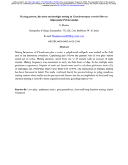 Mating Pattern, Duration and Multiple Mating in Chondromorpha Severini Silvestri (Diplopoda: Polydesmida)