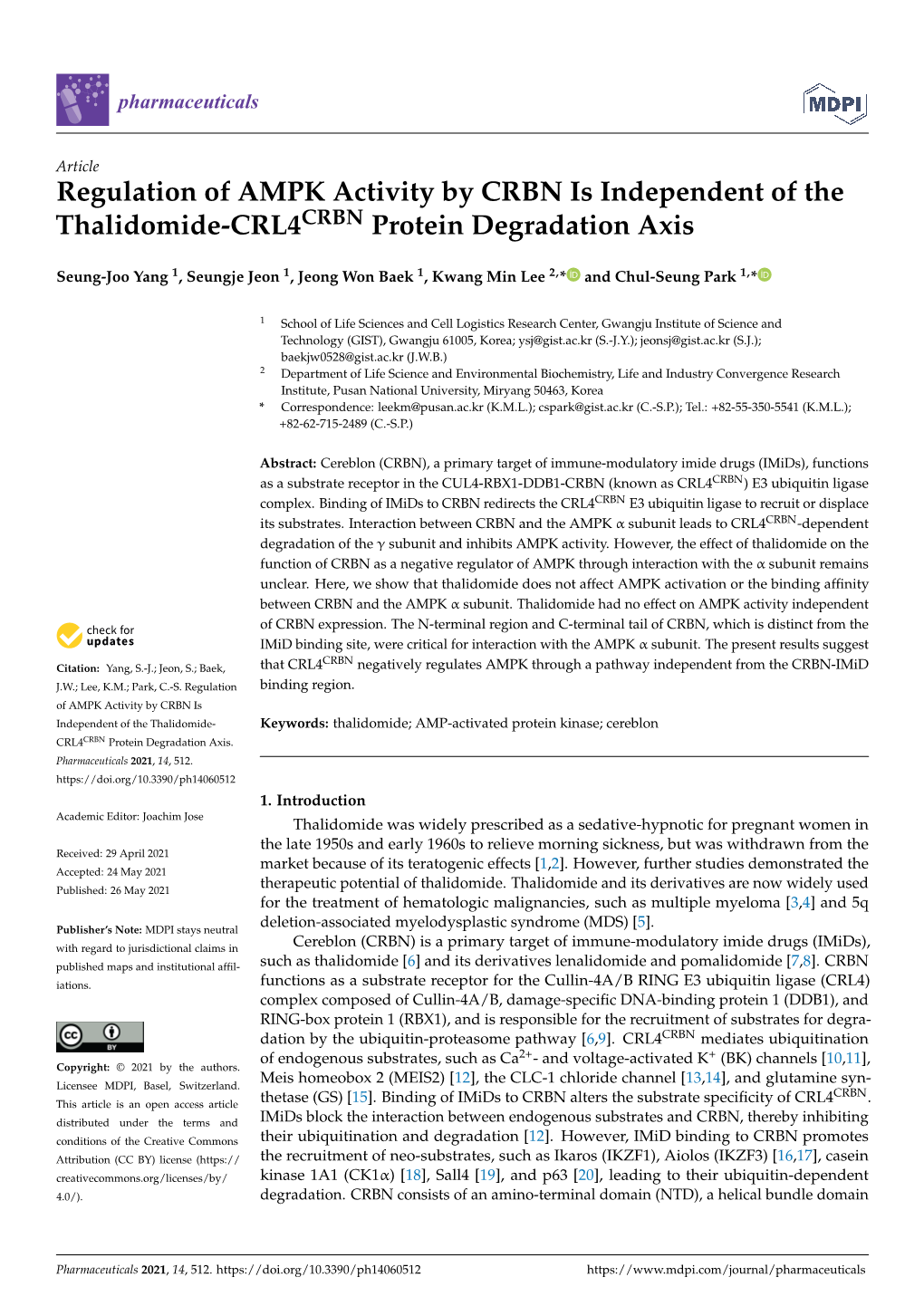 Regulation of AMPK Activity by CRBN Is Independent of the Thalidomide-CRL4CRBN Protein Degradation Axis