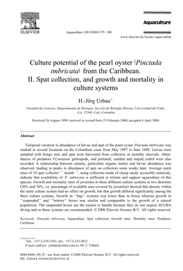 Ž Culture Potential of the Pearl Oyster Pinctada / Imbricata from The