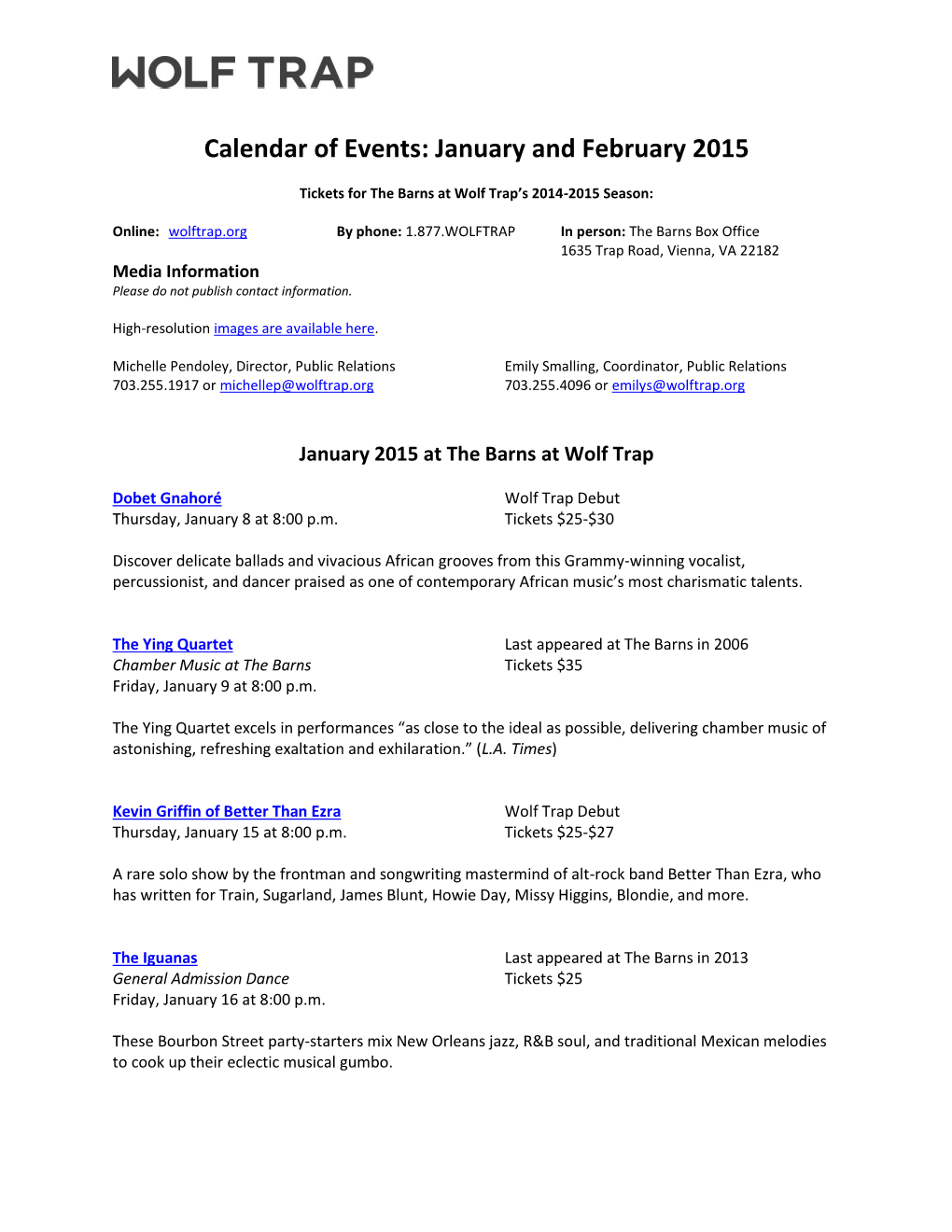 Calendar of Events: January and February 2015