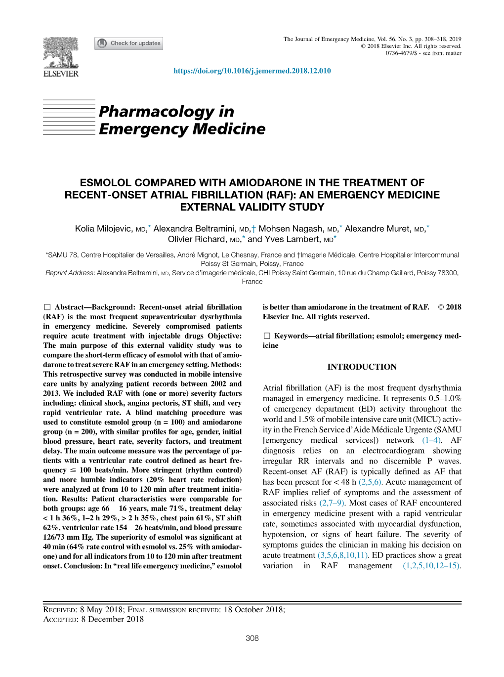 Esmolol Compared with Amiodarone in the Treatment of Recent-Onset Atrial Fibrillation (Raf): an Emergency Medicine External Validity Study