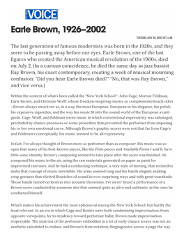 Earle Brown, 1926–2002 TUESDAY, JULY 30, 2002 at 4 A.M
