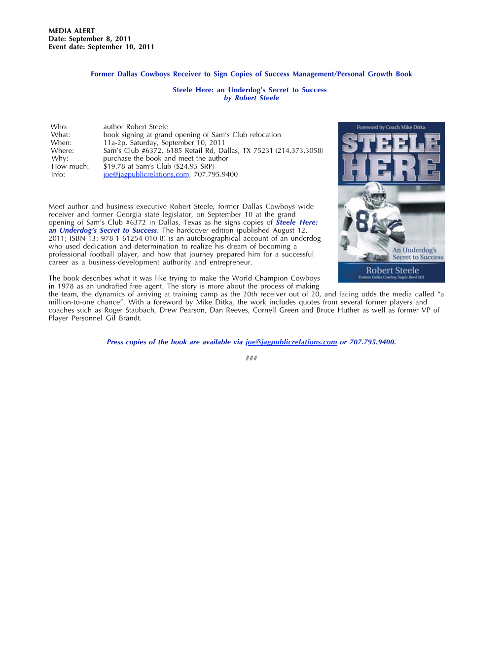 Author Robert Steele, Sam's Club Media Alert