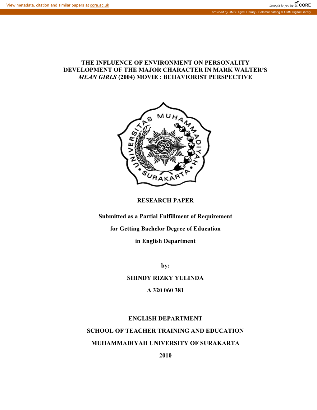 The Influence of Environment on Personality Development of the Major Character in Mark Walter's Mean Girls