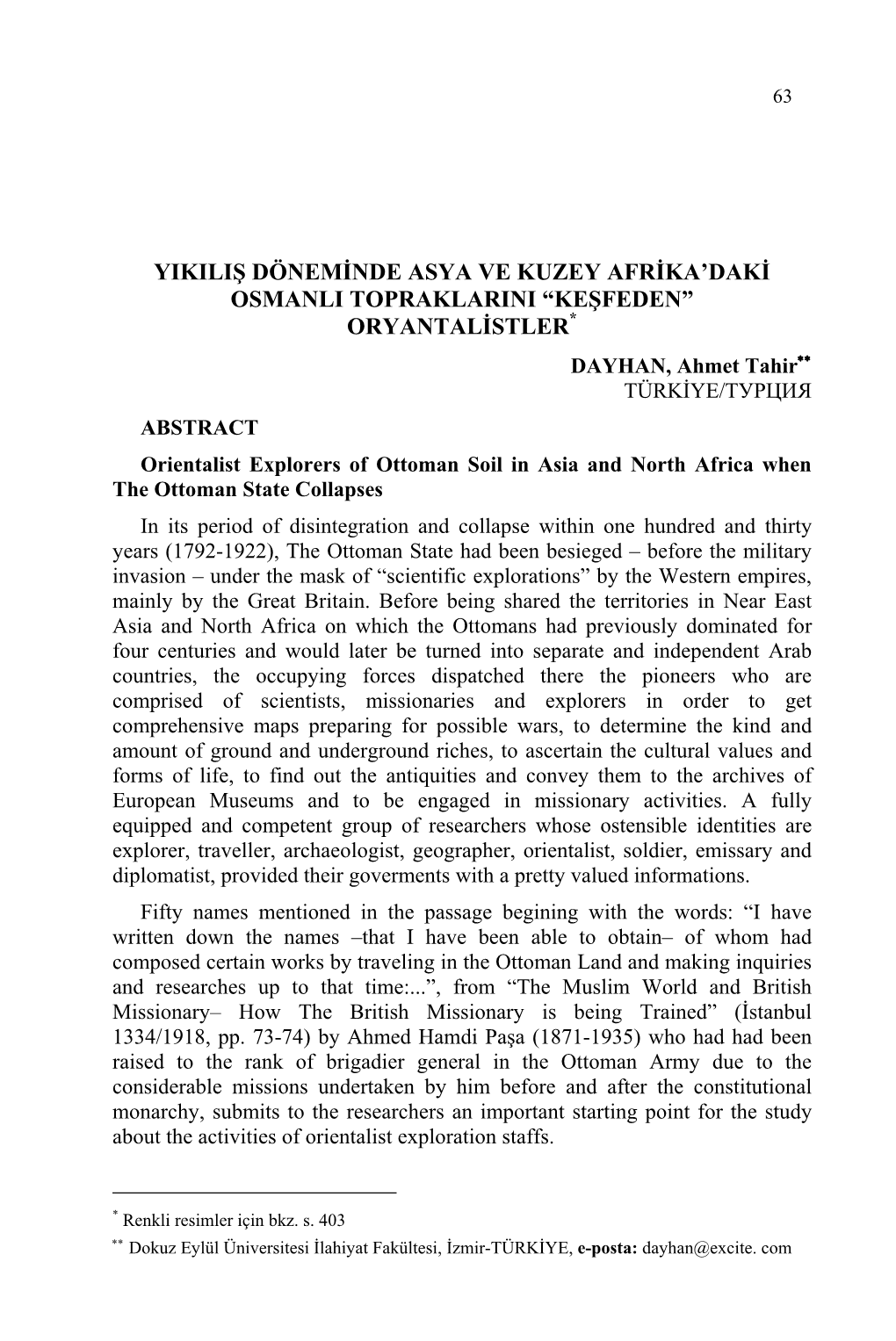 Yikiliş Döneminde Asya Ve Kuzey Afrika'daki Osmanli Topraklarini “Keşfeden” Oryantalistler*