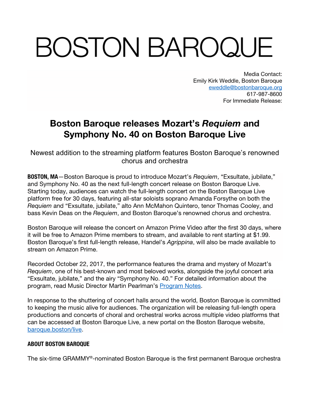 Boston Baroque Releases Mozart's Requiem and Symphony No. 40 On