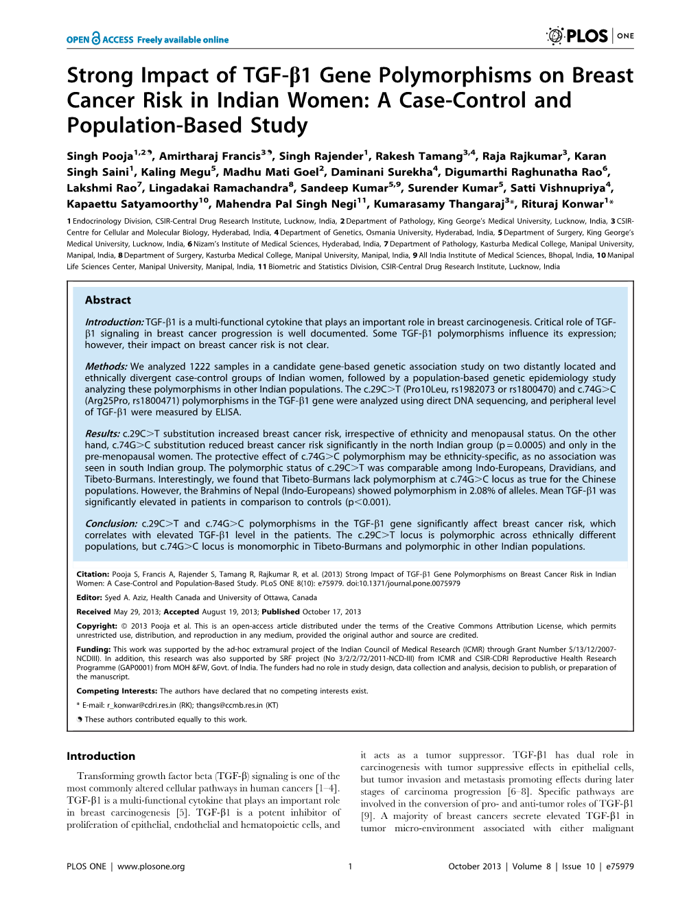 Strong Impact of TGF-B1 Gene Polymorphisms on Breast Cancer Risk in Indian Women: a Case-Control and Population-Based Study