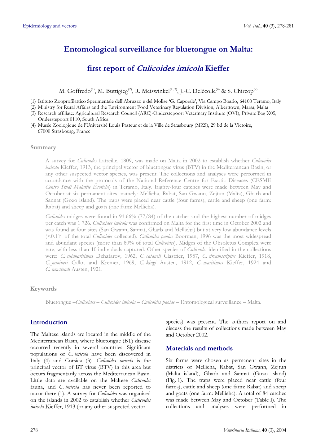 Entomological Surveillance for Bluetongue on Malta: First Report of Culicoides Imicola Kieffer