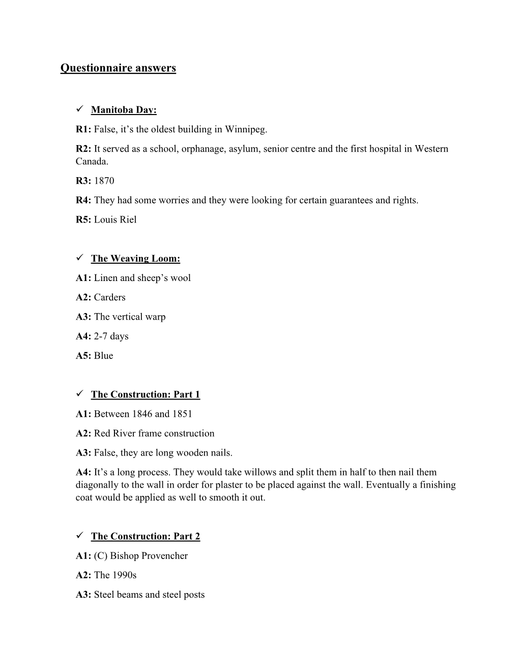 Video Capsule Questionnaires' Answers