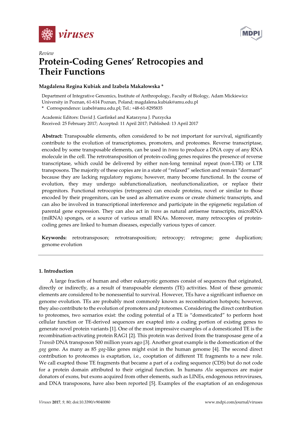 Protein-Coding Genes' Retrocopies and Their Functions