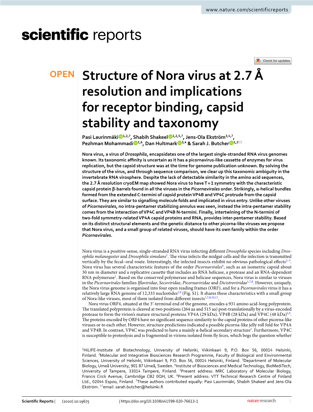 Structure of Nora Virus at 2.7 Å Resolution and Implications for Receptor Binding, Capsid Stability and Taxonomy