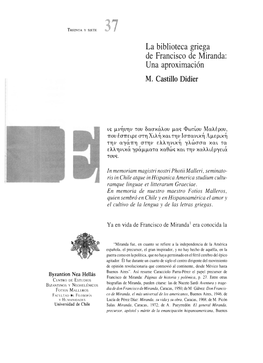 La Biblioteca Griega De Francisco De Miranda: Una Aproximación M