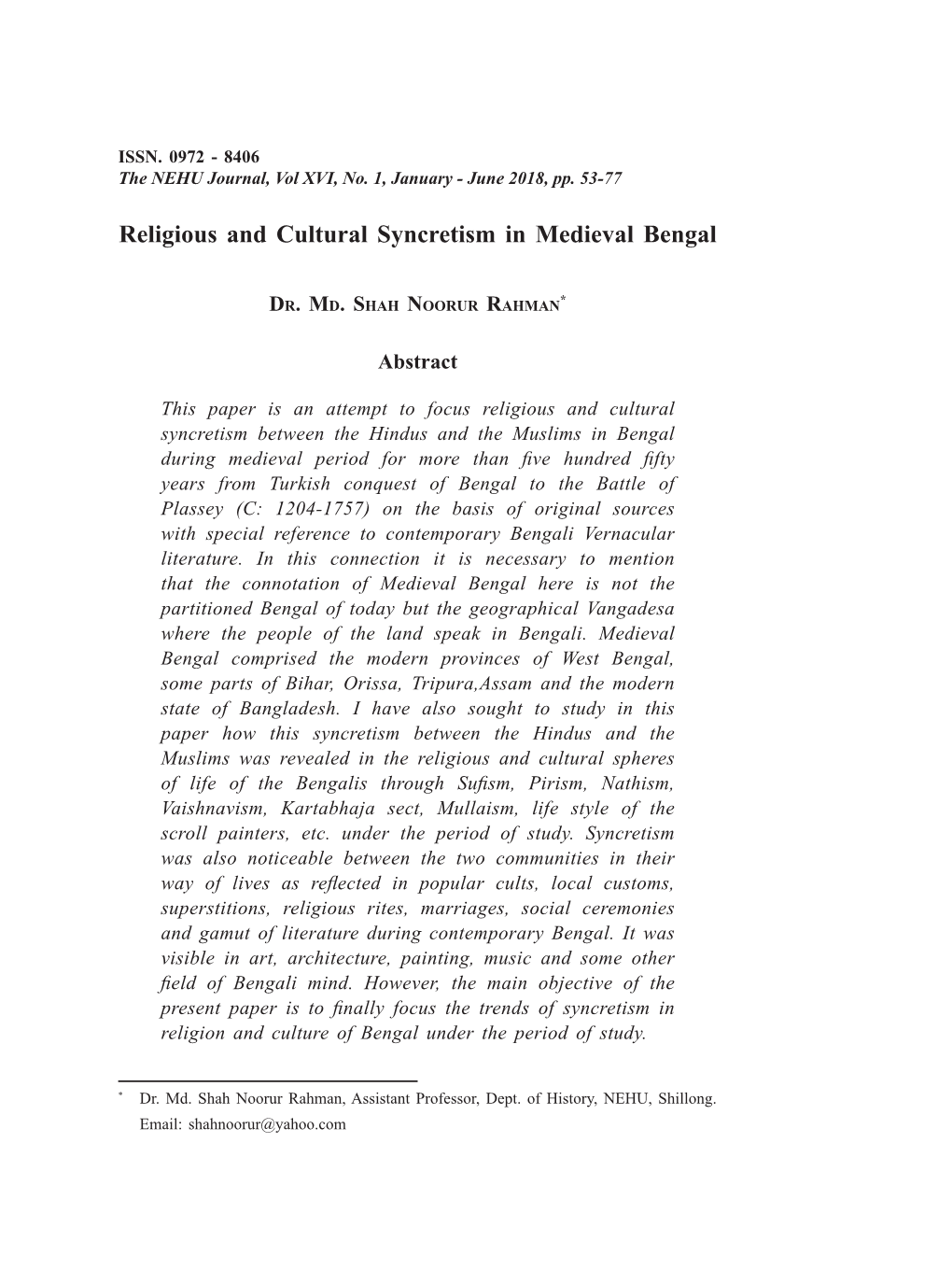 Religious and Cultural Syncretism in Medieval Bengal