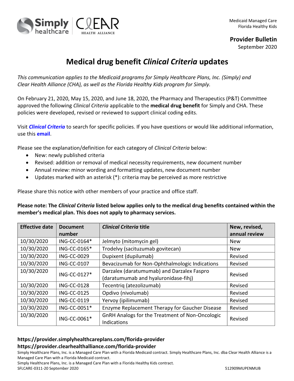 Clinical Criteria Updates
