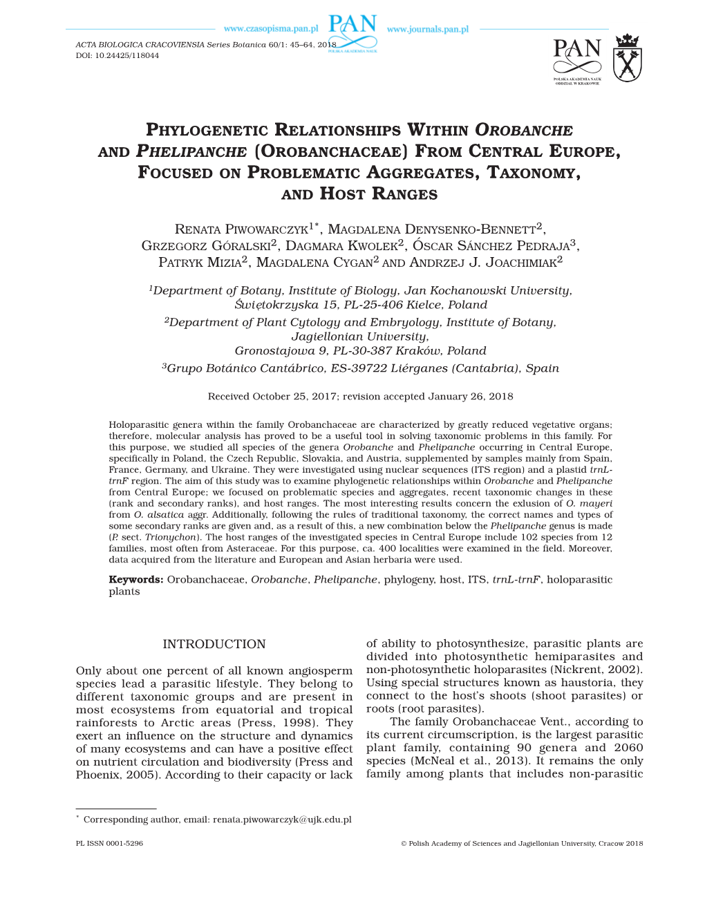 Phylogenetic Relationships Within Orobanche and Phelipanche (Orobanchaceae) from Central Europe, Focused on Problematic Aggregates, Taxonomy, and Host Ranges