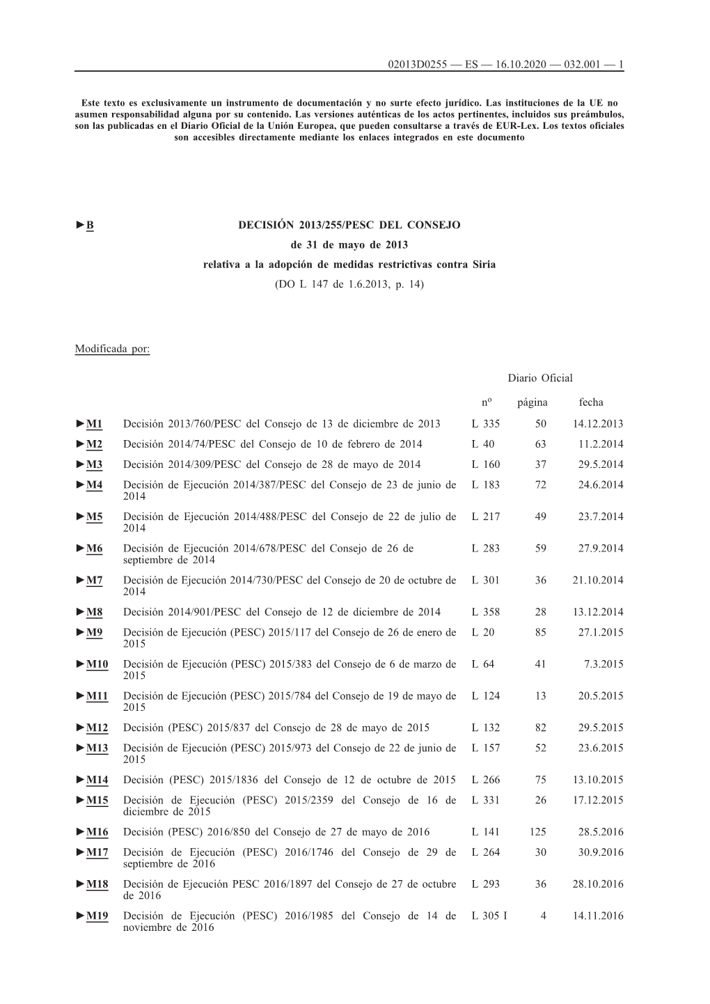 B DECISIÓN 2013/255/PESC DEL CONSEJO De 31 De Mayo De 2013 Relativa a La Adopción De Medidas Restrictivas Contra Siria (DO L 147 De 1.6.2013, P