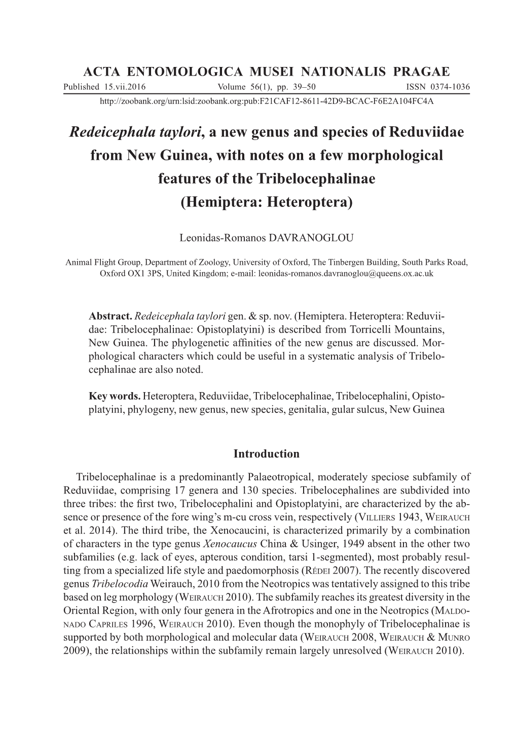 Redeicephala Taylori, a New Genus and Species of Reduviidae From