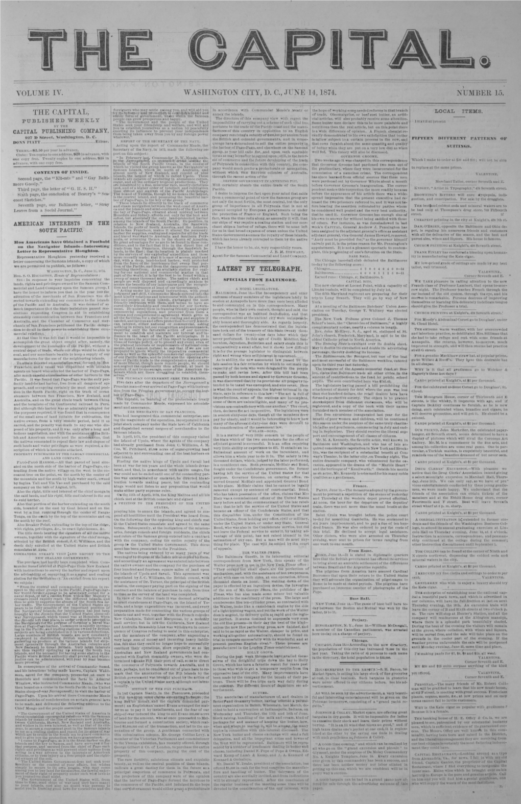 Volume Iv Washington City, D. C., June 14,1874. Number 15