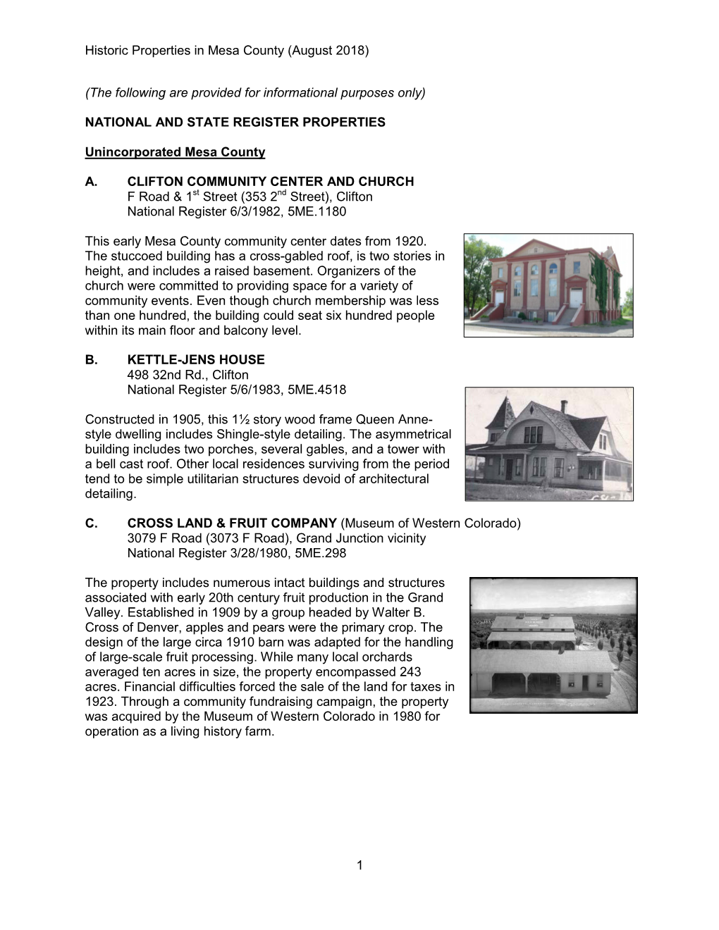 Historic Properties in Mesa County (August 2018) 1 (The Following Are