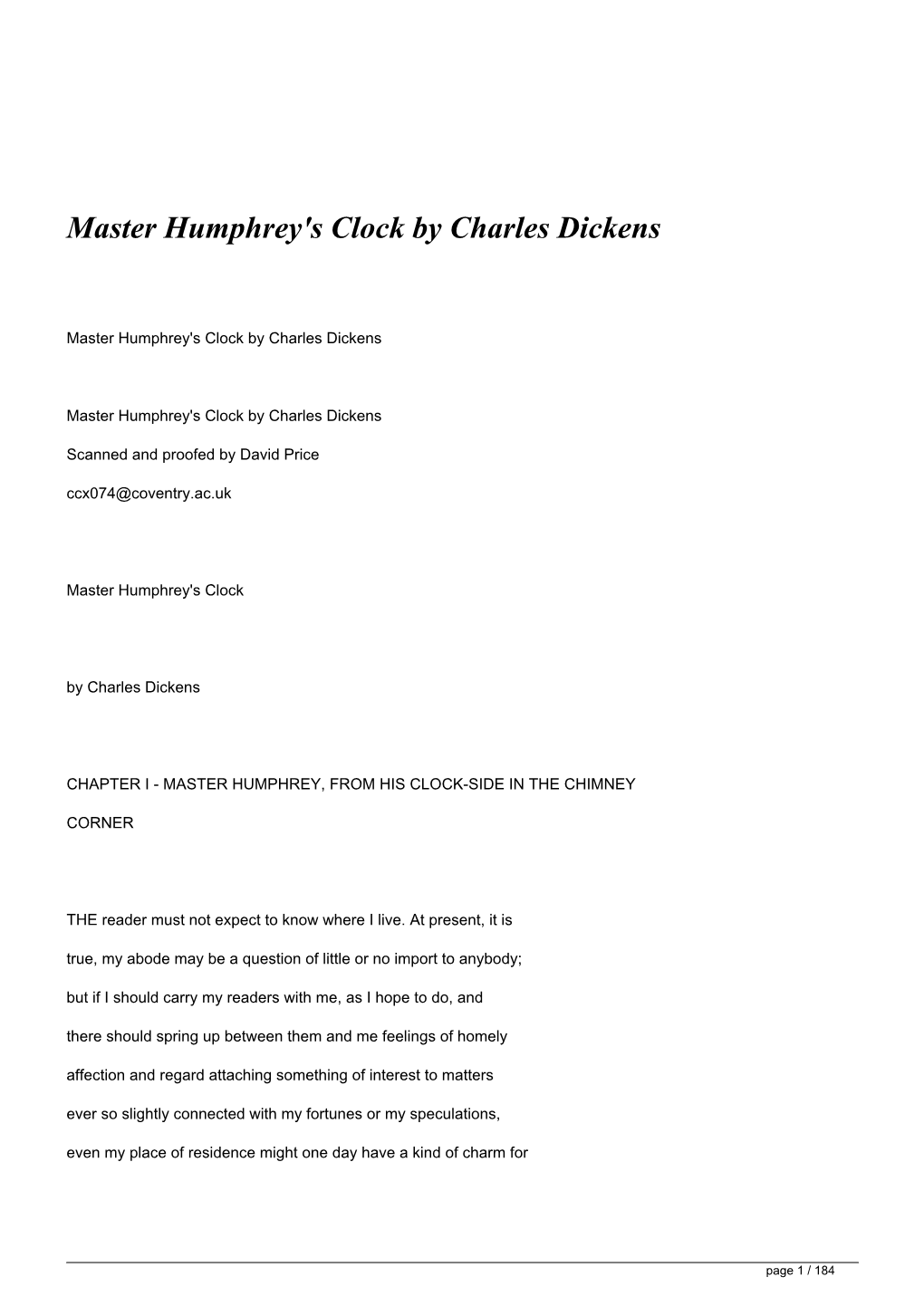 Master Humphrey's Clock by Charles Dickens</H1>