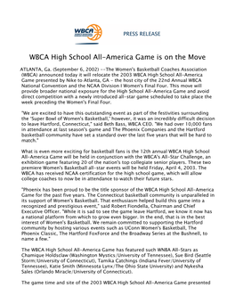 WBCA High School All-America Game Is on the Move 2002-03 090602