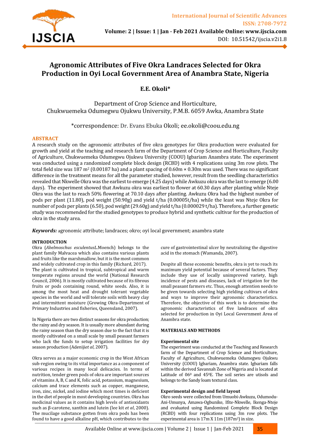 Agronomic Attributes of Five Okra Landraces Selected for Okra Production in Oyi Local Government Area of Anambra State, Nigeria