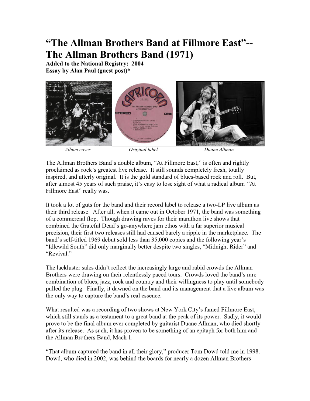 The Allman Brothers Band at Fillmore East”-- the Allman Brothers Band (1971) Added to the National Registry: 2004 Essay by Alan Paul (Guest Post)*