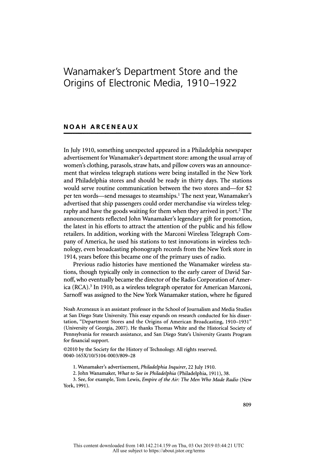 Wanamaker's Department Store and the Origins of Electronic Media, 1910-1922