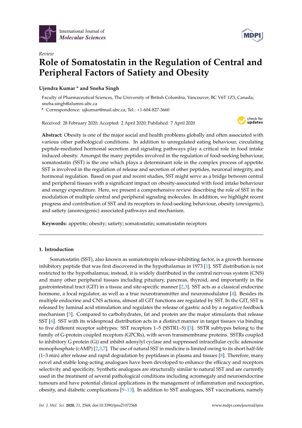 Role of Somatostatin in the Regulation of Central and Peripheral Factors of Satiety and Obesity