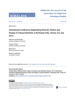 Politics and Display of Cultural Identities in Northeast India. Vienna, 4-6 July 2013