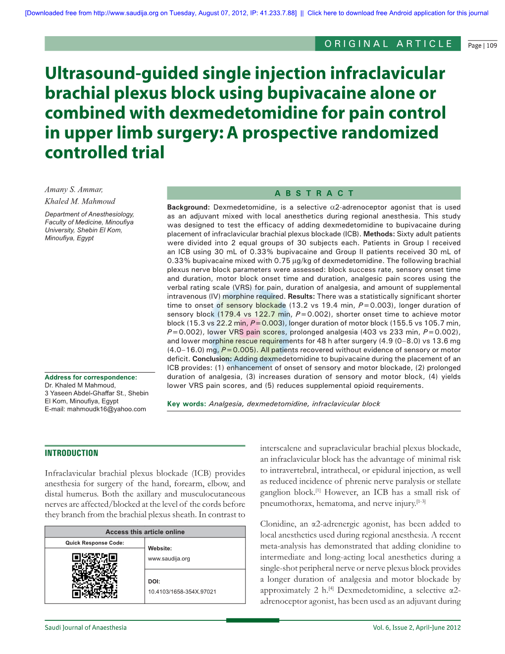 Ultrasound-Guided Single Injection Infraclavicular Brachial Plexus Block