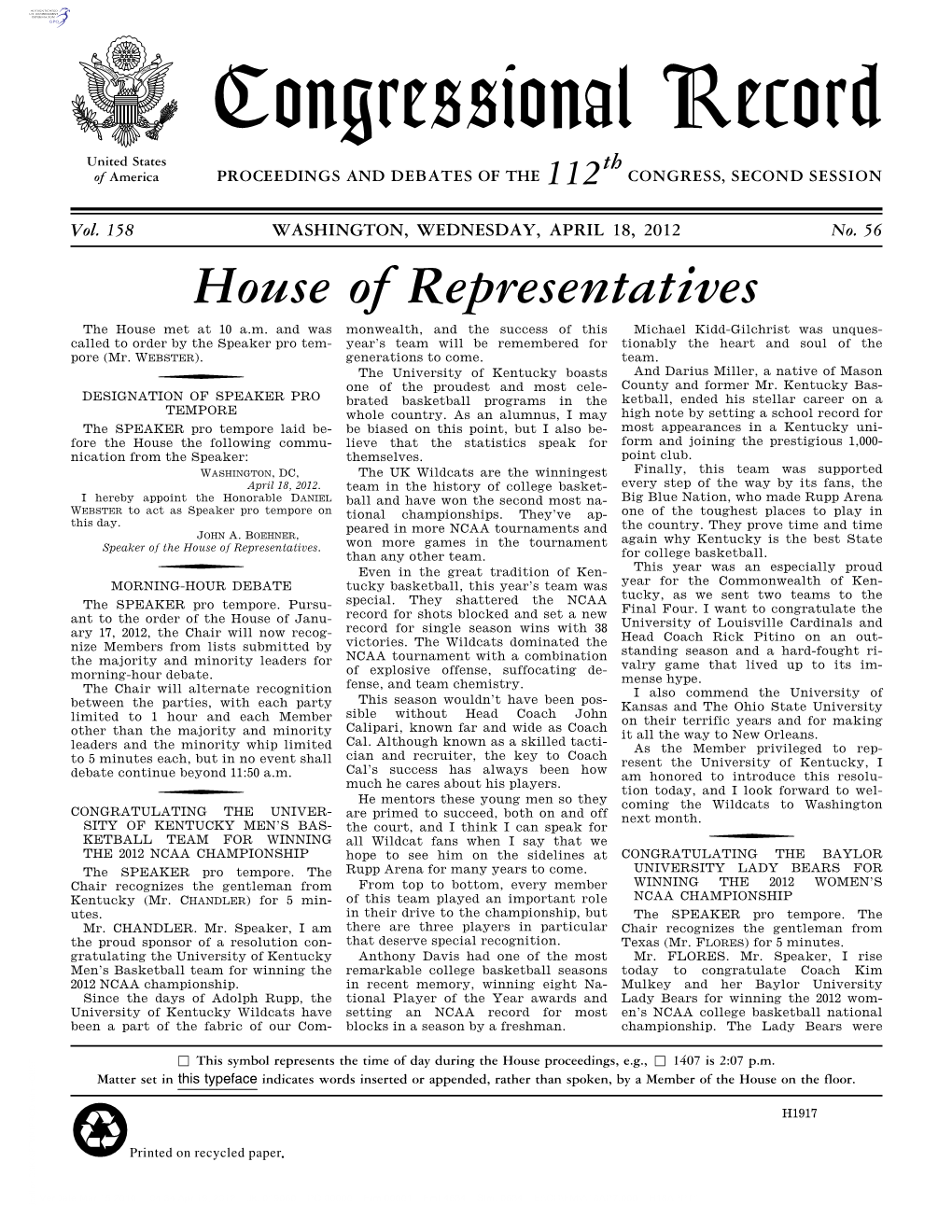 Congressional Record United States Th of America PROCEEDINGS and DEBATES of the 112 CONGRESS, SECOND SESSION