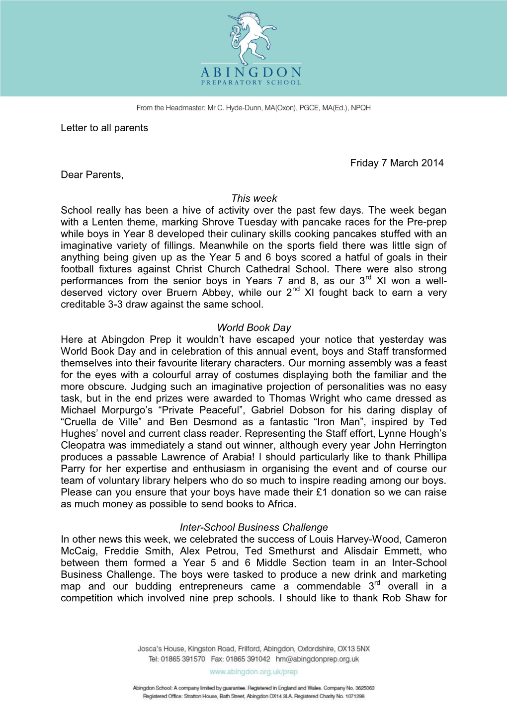 Letter to All Parents Friday 7 March 2014 Dear