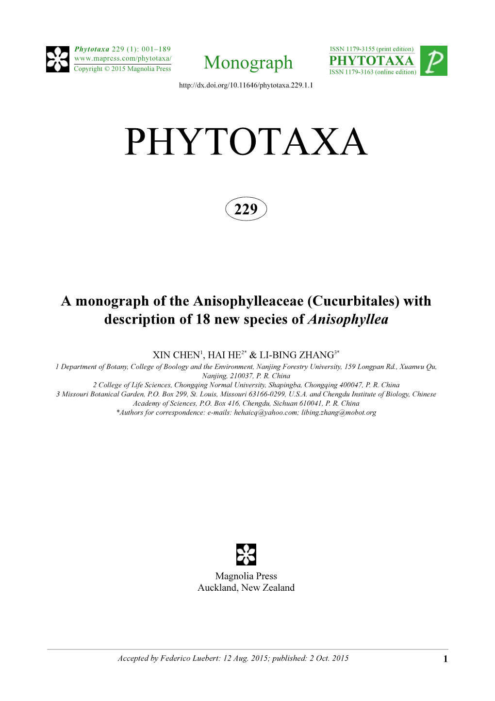 A Monograph of the Anisophylleaceae (Cucurbitales) with Description of 18 New Species of Anisophyllea