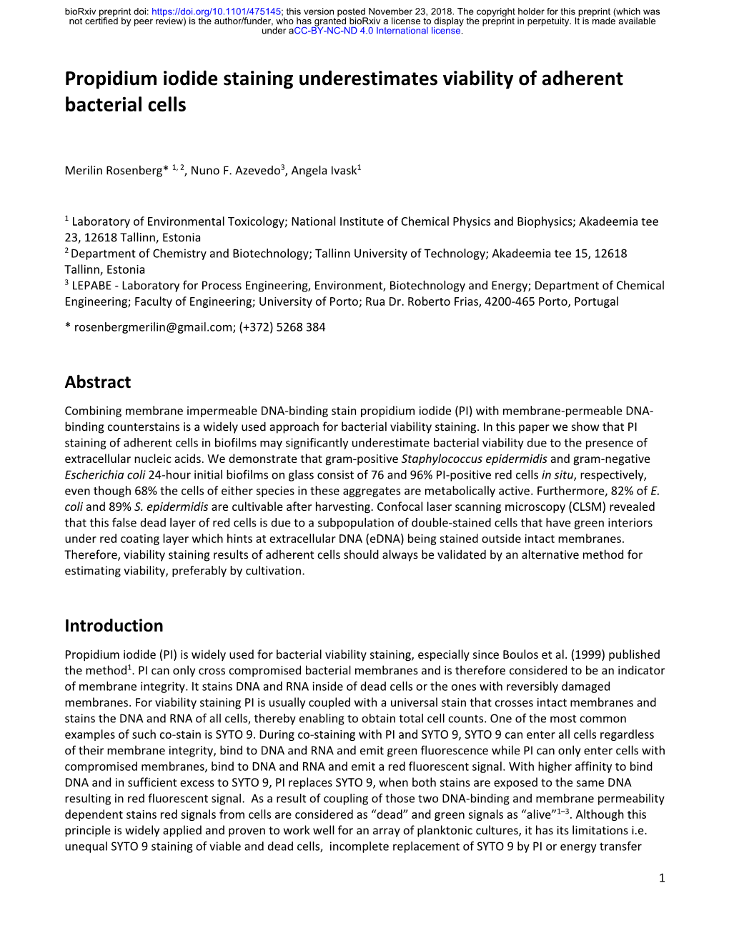 Propidium Iodide Staining Underestimates Viability of Adherent Bacterial Cells