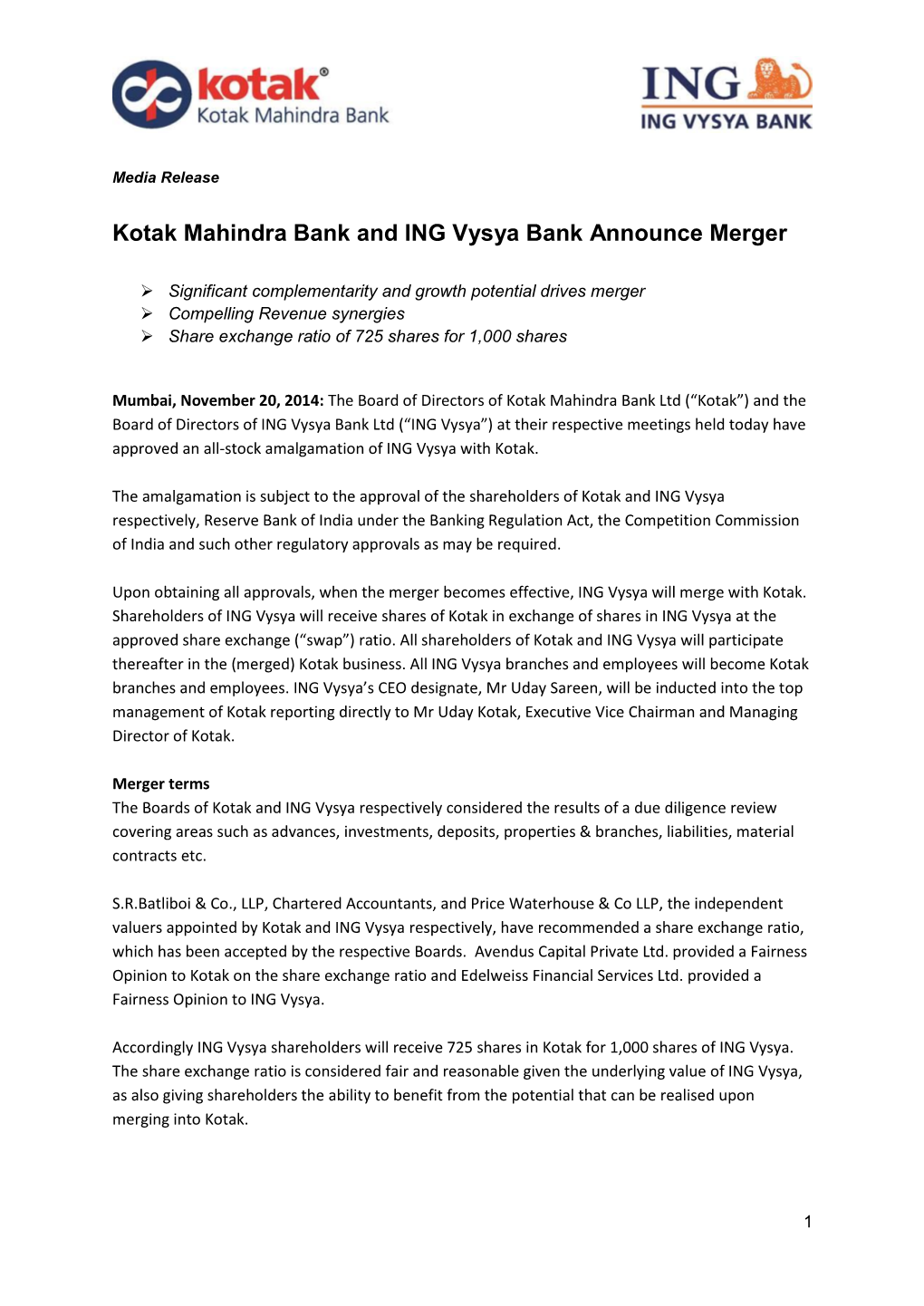 Kotak Mahindra Bank and ING Vysya Bank Announce Merger