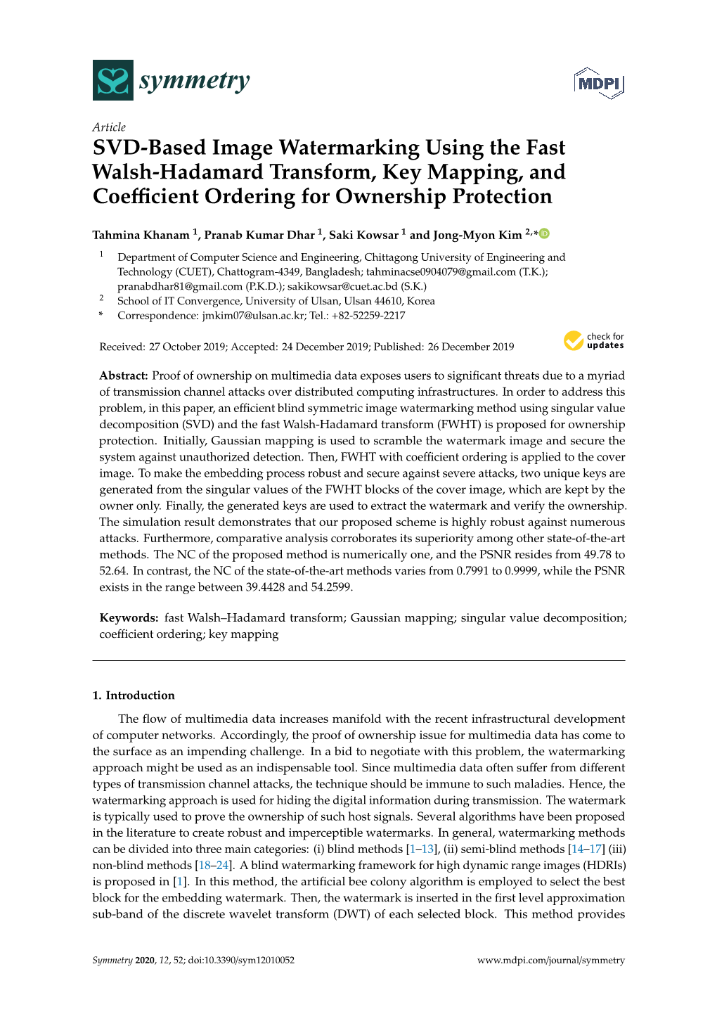 SVD-Based Image Watermarking Using the Fast Walsh-Hadamard Transform, Key Mapping, and Coeﬃcient Ordering for Ownership Protection