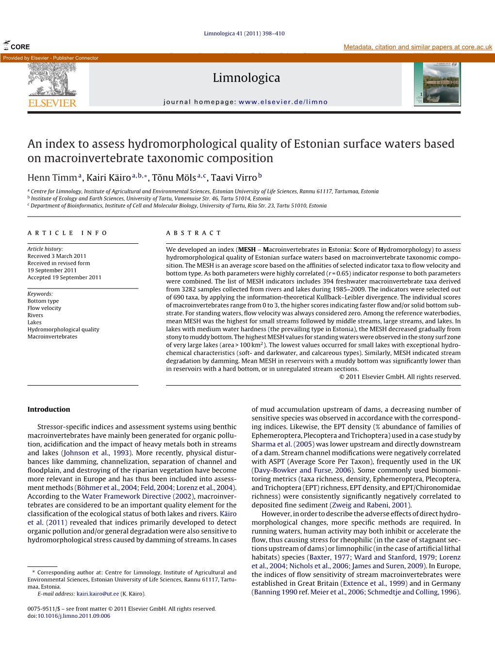 An Index to Assess Hydromorphological Quality of Estonian Surface Waters Based
