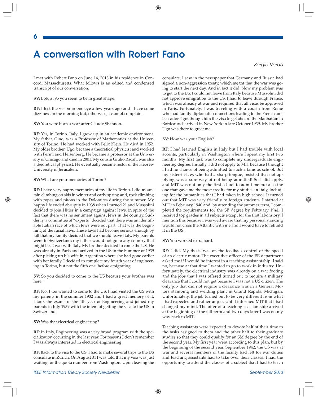 A Conversation with Robert Fano, by Sergio Verdú