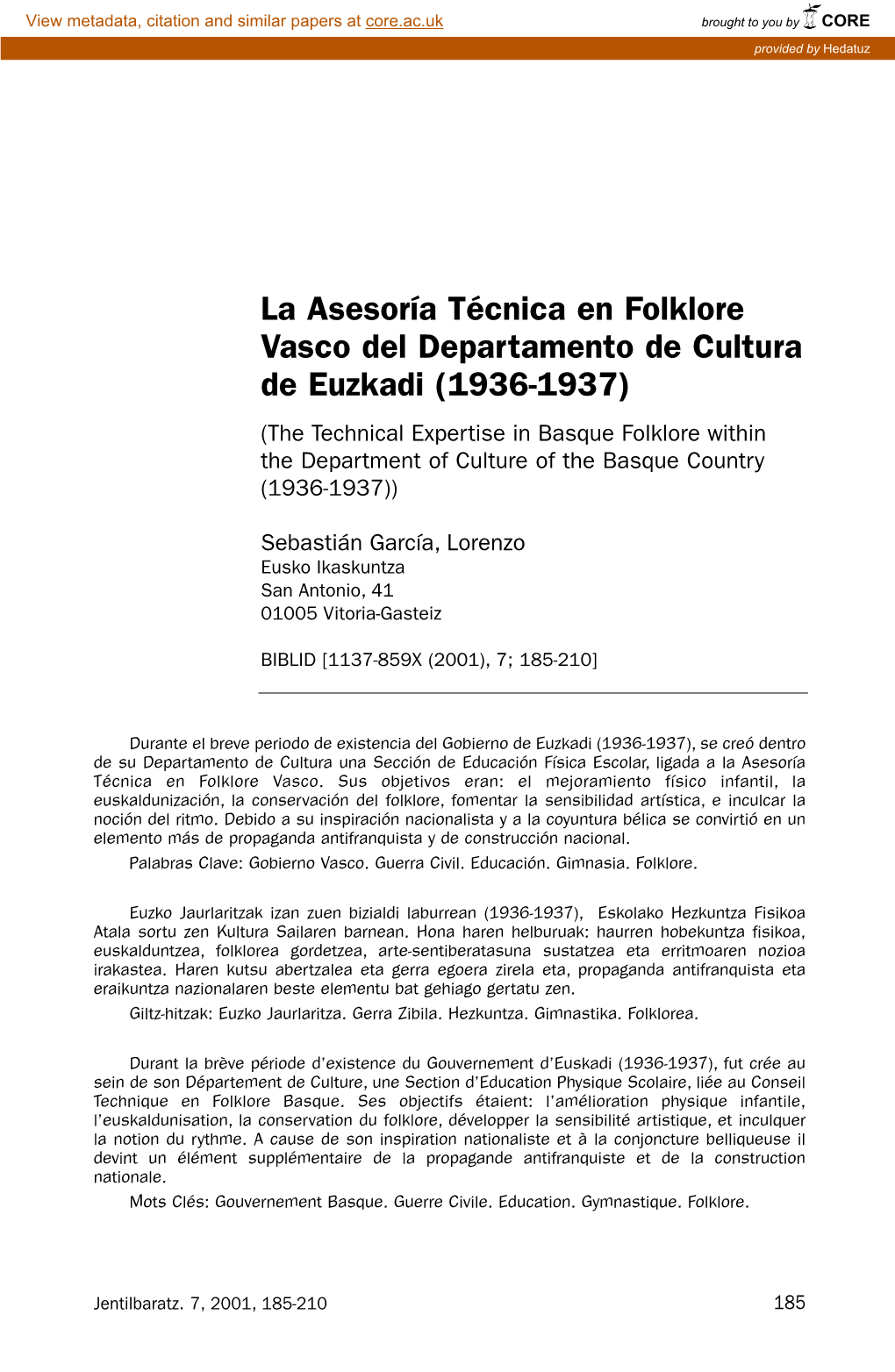 La Asesoría Técnica En Folklore Vasco Del Departamento