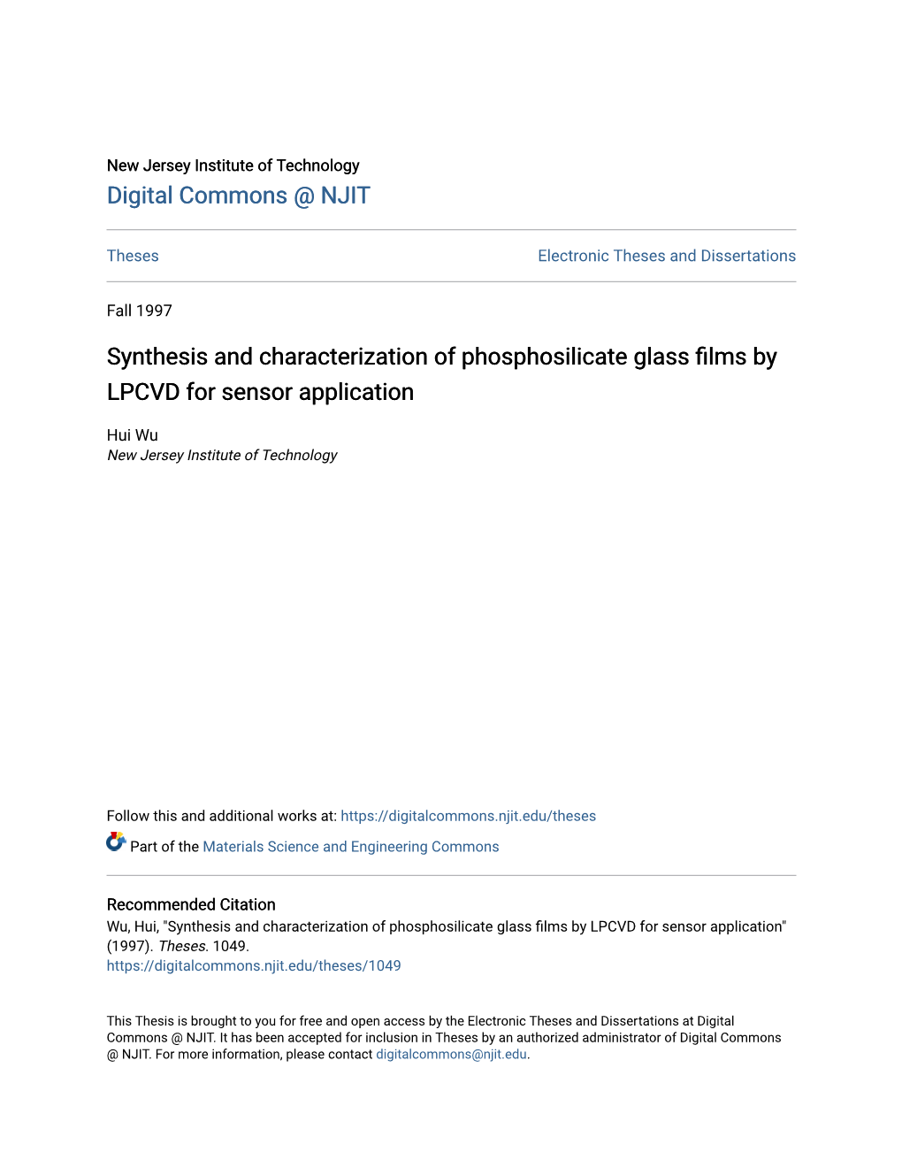 Synthesis and Characterization of Phosphosilicate Glass Films by LPCVD for Sensor Application" (1997)