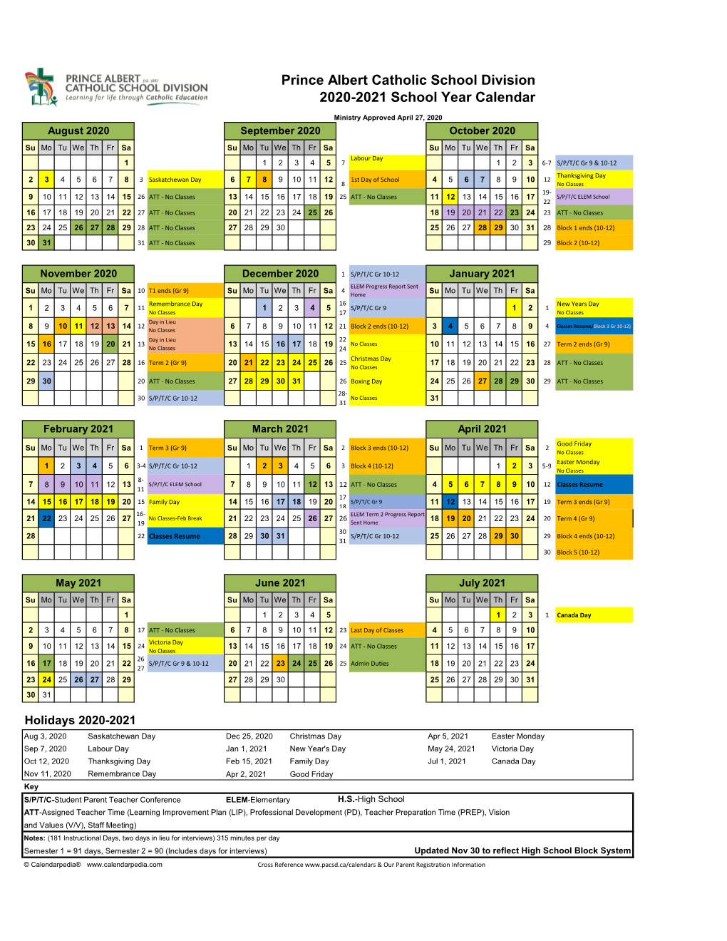 2020-21 School Year Calendar