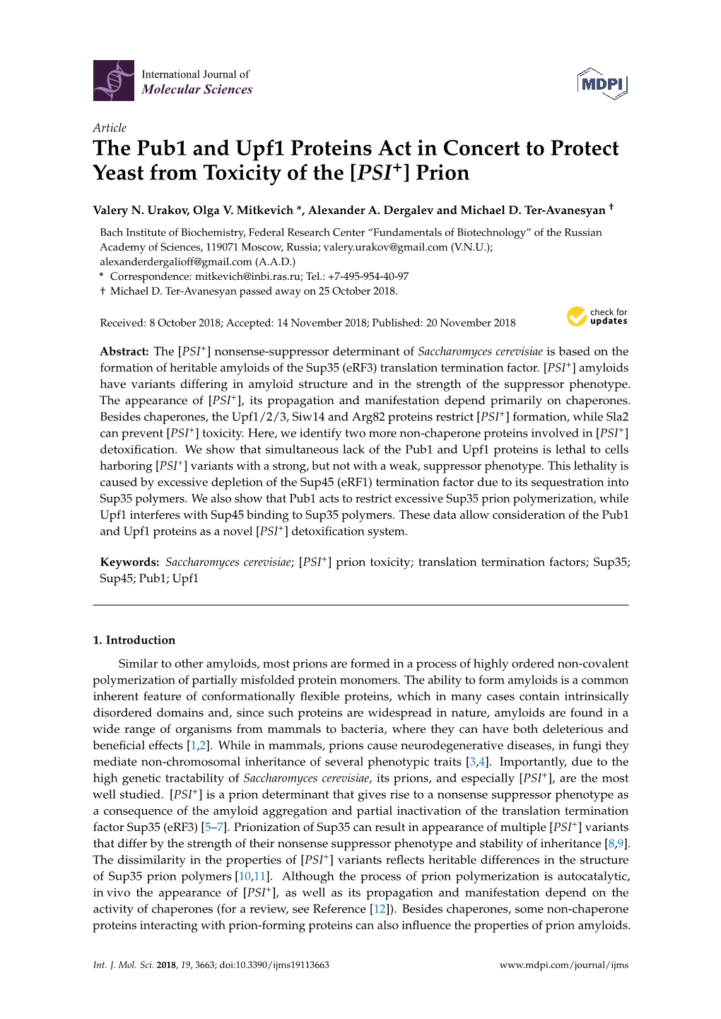 The Pub1 and Upf1 Proteins Act in Concert to Protect Yeast from Toxicity of the [PSI+] Prion