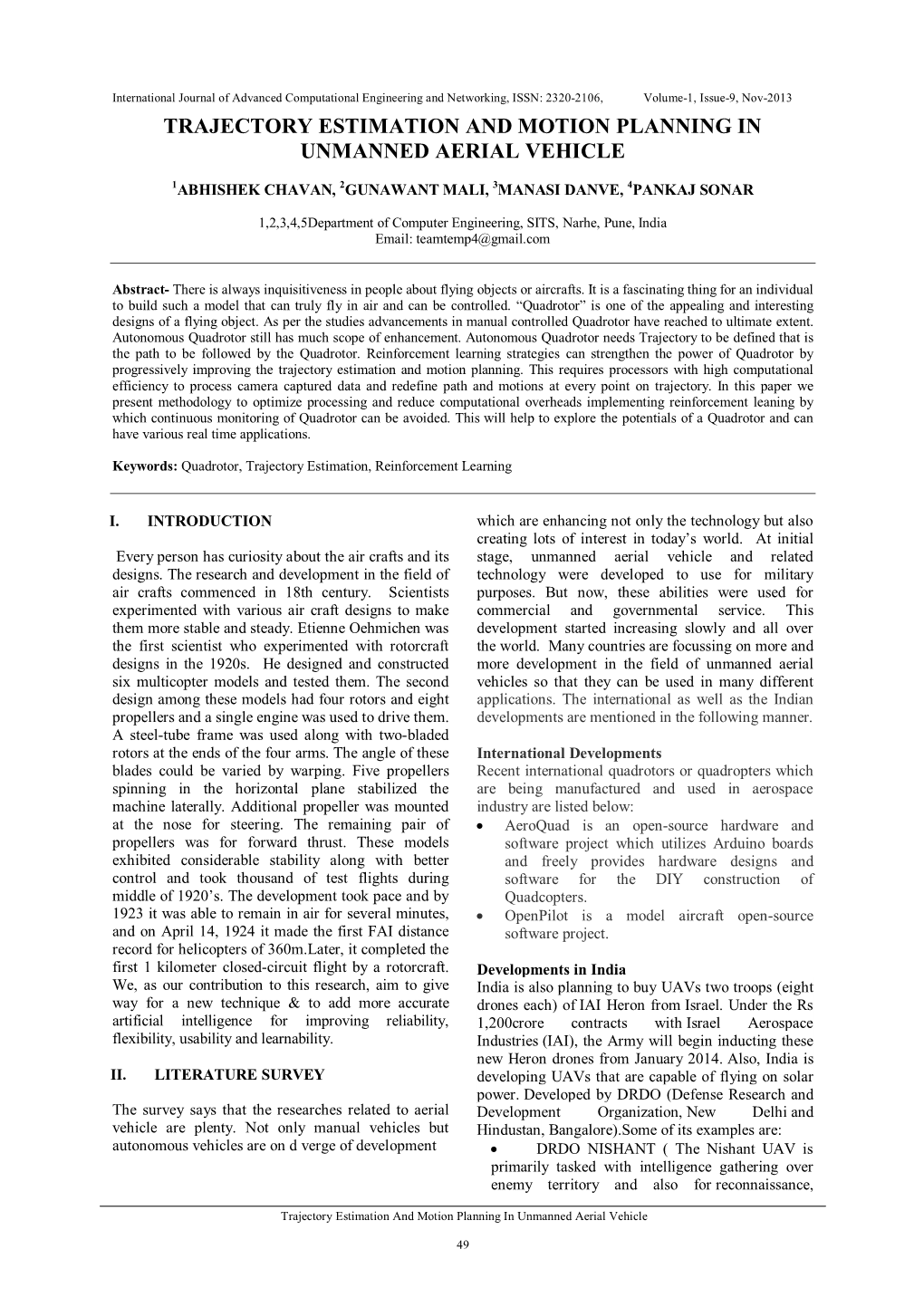 Trajectory Estimation and Motion Planning in Unmanned Aerial Vehicle