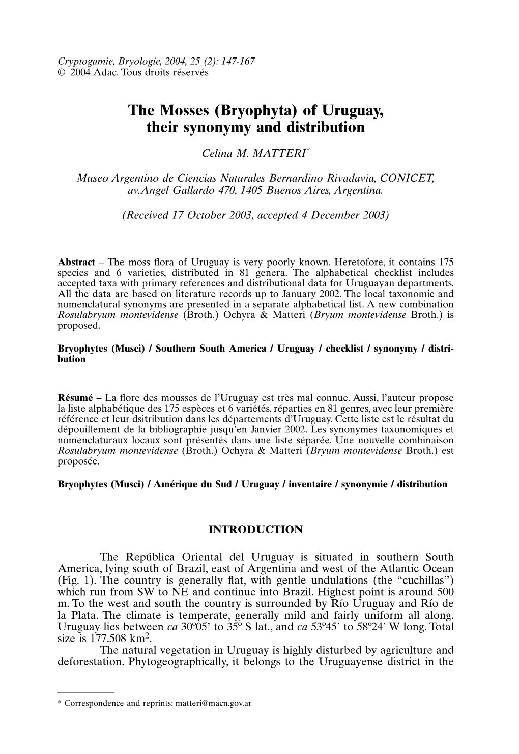 The Mosses (Bryophyta) of Uruguay, Their Synonymy and Distribution