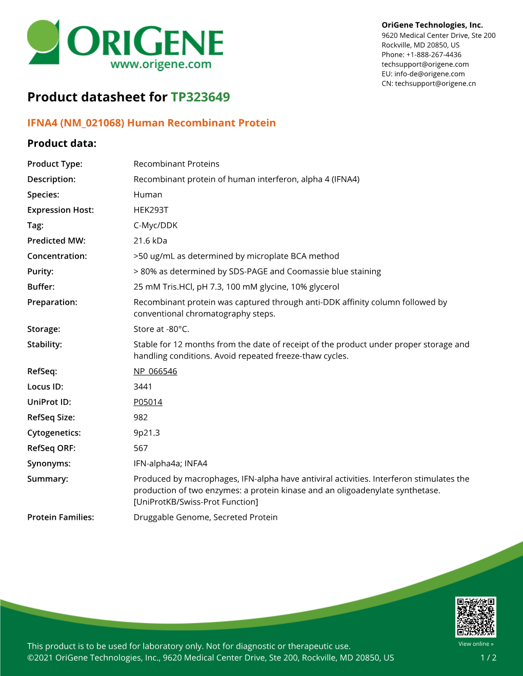 IFNA4 (NM 021068) Human Recombinant Protein Product Data
