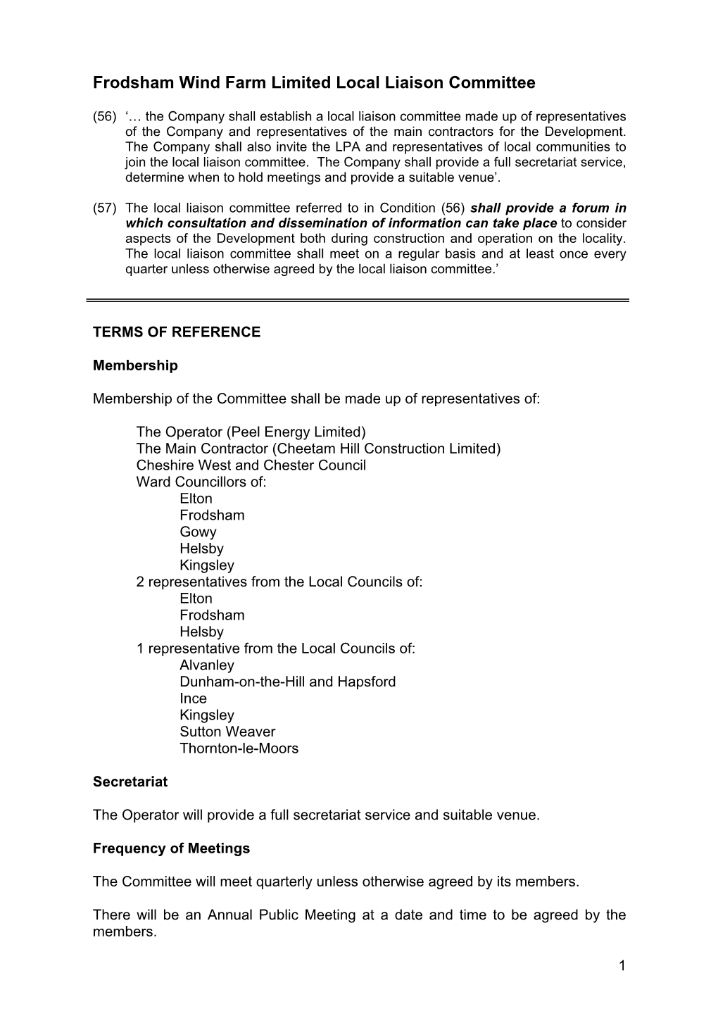 Frodsham Wind Farm Limited Local Liaison Committee