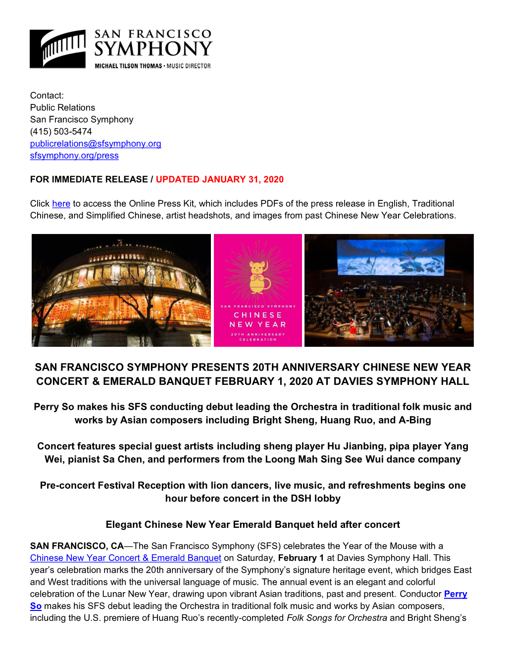 San Francisco Symphony Presents 20Th Anniversary Chinese New Year Concert & Emerald Banquet February 1, 2020 at Davies Symphony Hall